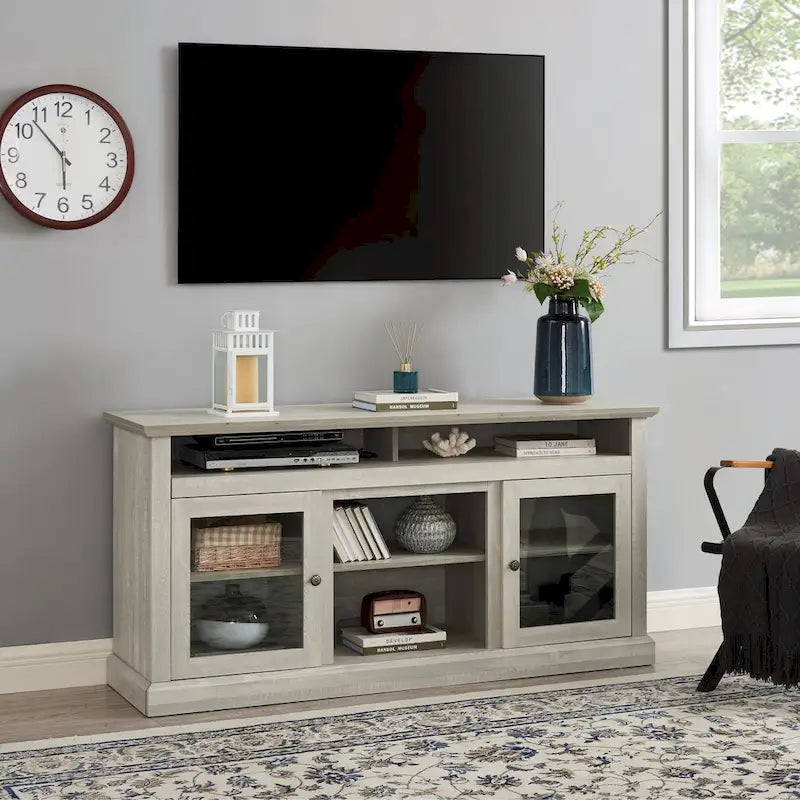 Meuble TV de 60" avec gestion des câbles, portes en verre et étagères réglables pour téléviseurs jusqu'à 65"