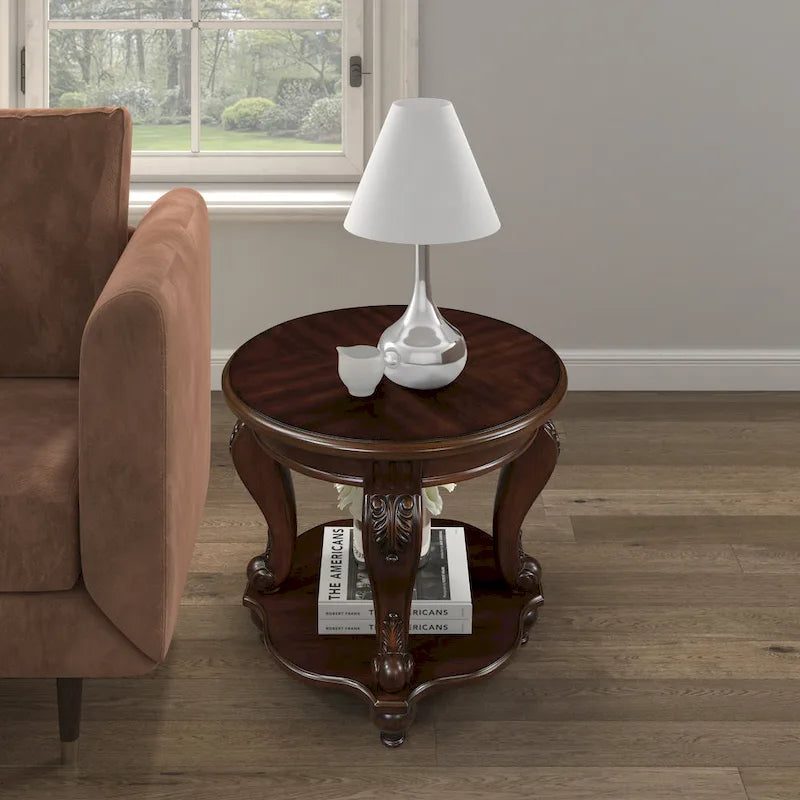 Table d'appoint ronde avec étagère inférieure et pieds galbés