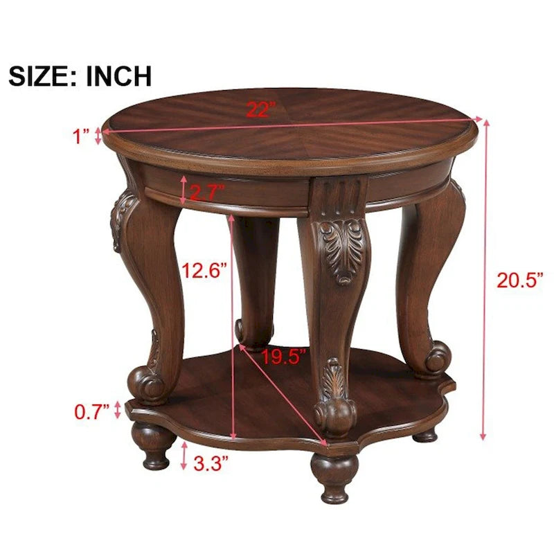 Table d'appoint ronde avec étagère inférieure et pieds galbés