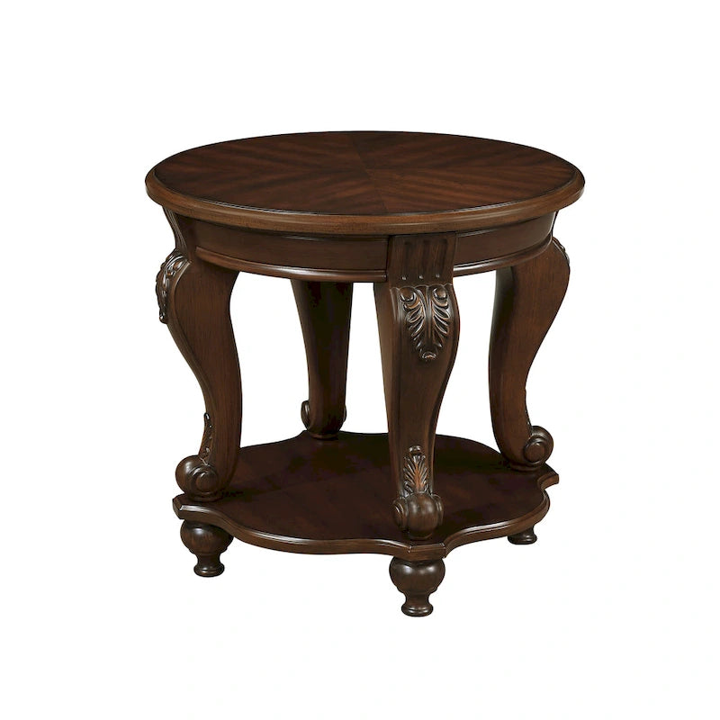 Table d'appoint ronde avec étagère inférieure et pieds galbés