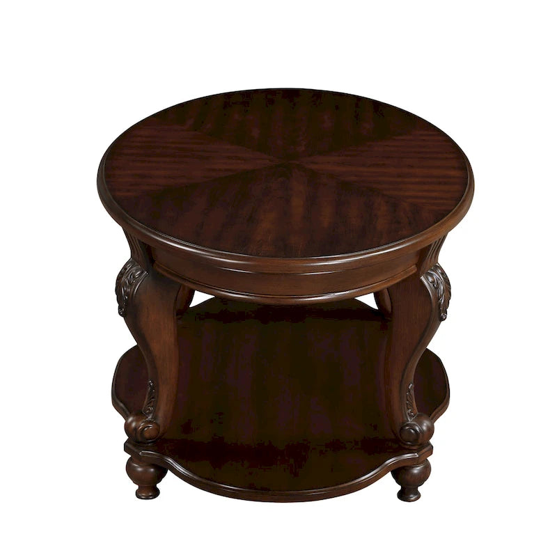 Table d'appoint ronde avec étagère inférieure et pieds galbés
