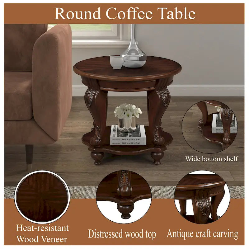 Table d'appoint ronde avec étagère inférieure et pieds galbés