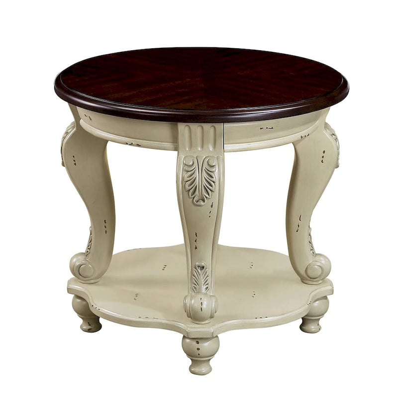 Table d'appoint ronde avec étagère inférieure et pieds galbés