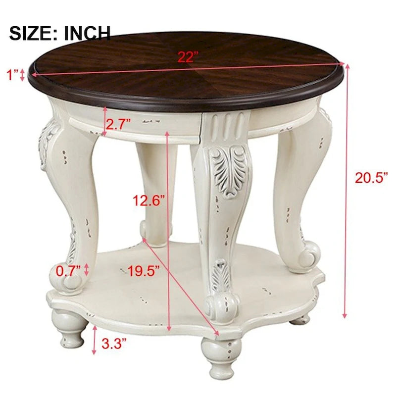 Table d'appoint ronde avec étagère inférieure et pieds galbés