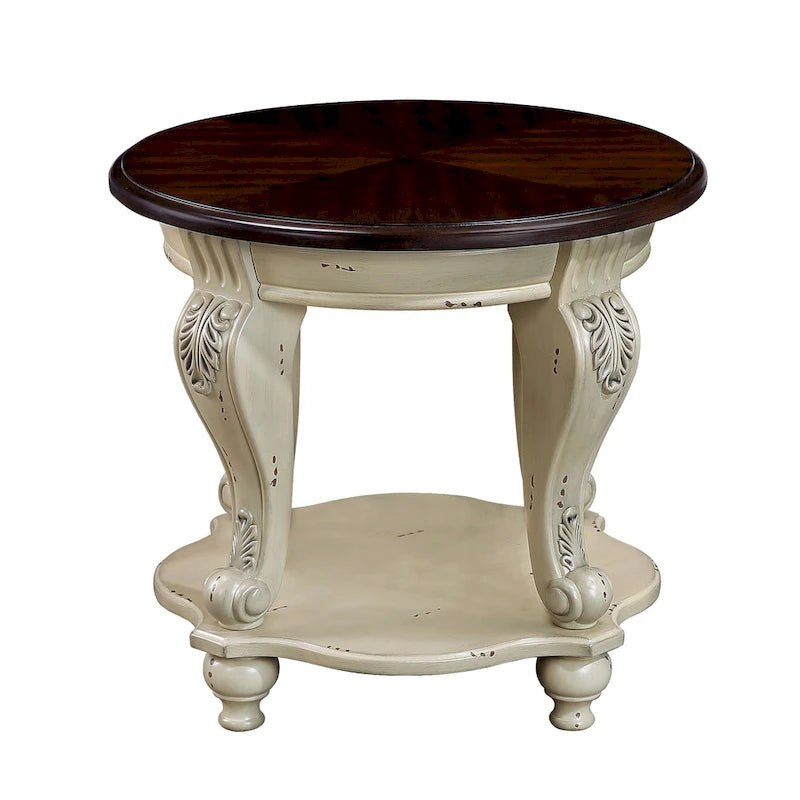 Table d'appoint ronde avec étagère inférieure et pieds galbés