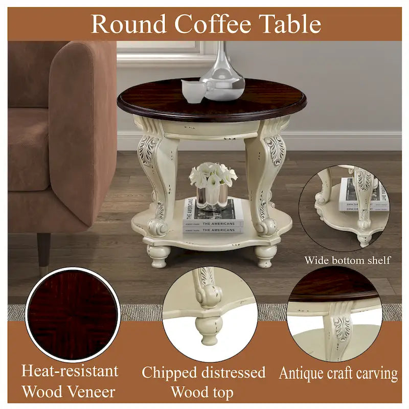Table d'appoint ronde avec étagère inférieure et pieds galbés