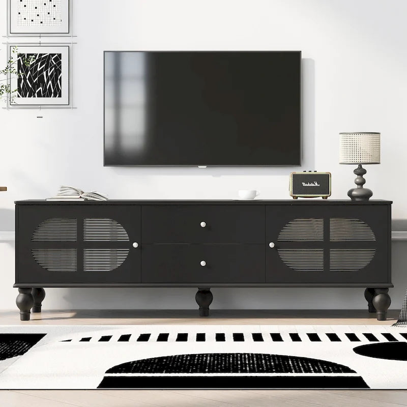 Meuble TV avec 2 compartiments de rangement, 2 tiroirs et passe-câbles