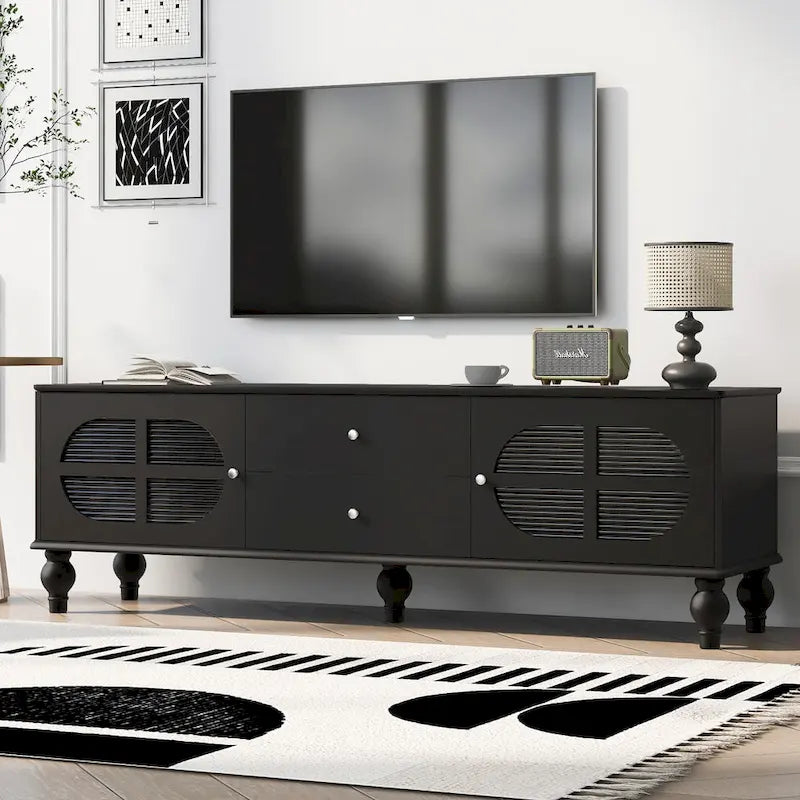 Meuble TV avec 2 compartiments de rangement, 2 tiroirs et passe-câbles