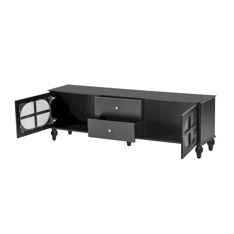 Meuble TV avec 2 compartiments de rangement, 2 tiroirs et passe-câbles