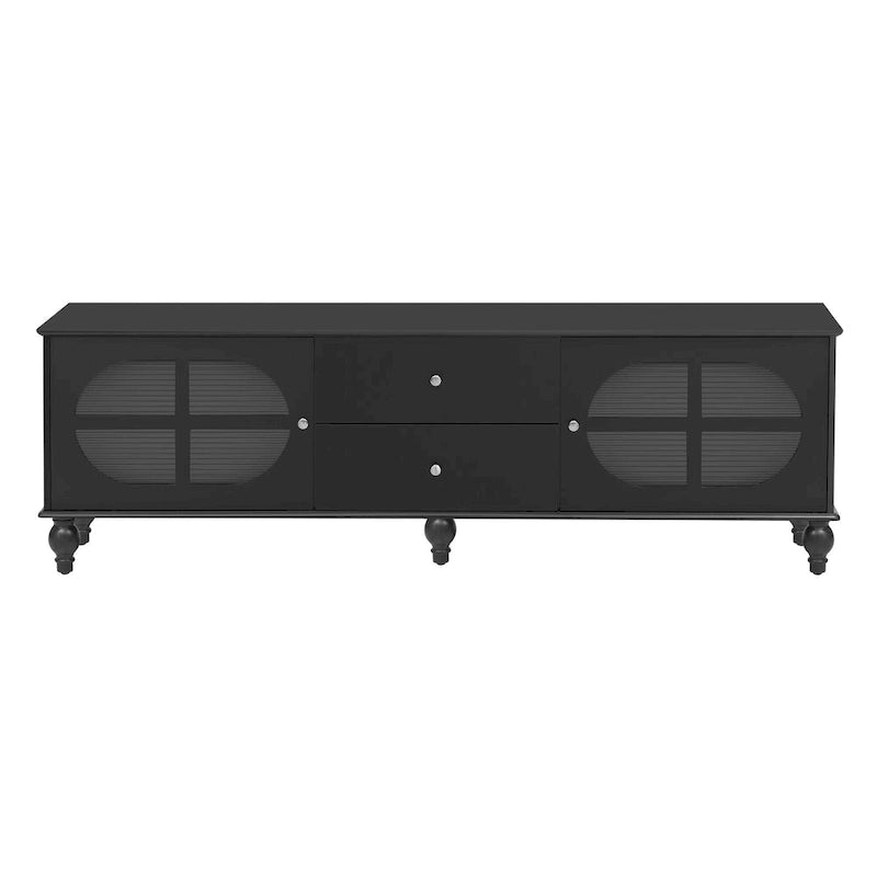 Meuble TV avec 2 compartiments de rangement, 2 tiroirs et passe-câbles
