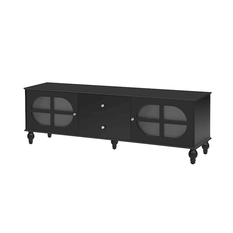 Meuble TV avec 2 compartiments de rangement, 2 tiroirs et passe-câbles