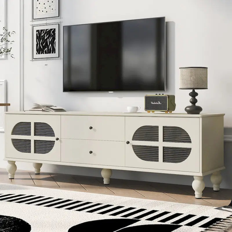 Meuble TV avec 2 compartiments de rangement, 2 tiroirs et passe-câbles