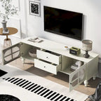 Meuble TV avec 2 compartiments de rangement, 2 tiroirs et passe-câbles