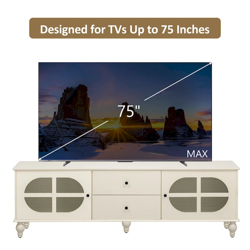 Meuble TV avec 2 compartiments de rangement, 2 tiroirs et passe-câbles