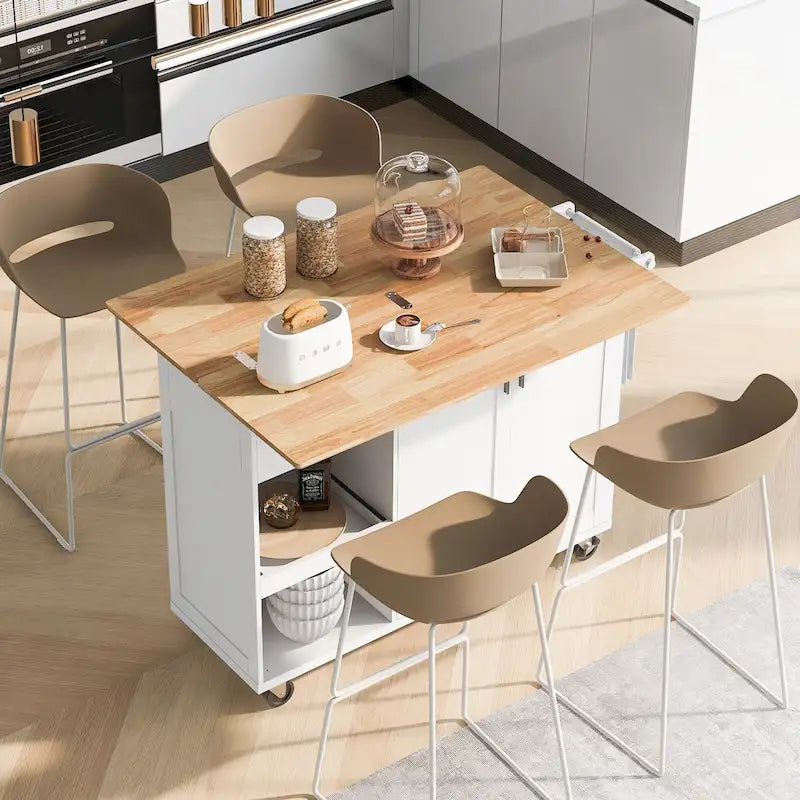 Îlot de cuisine pliable avec rangement et roulettes