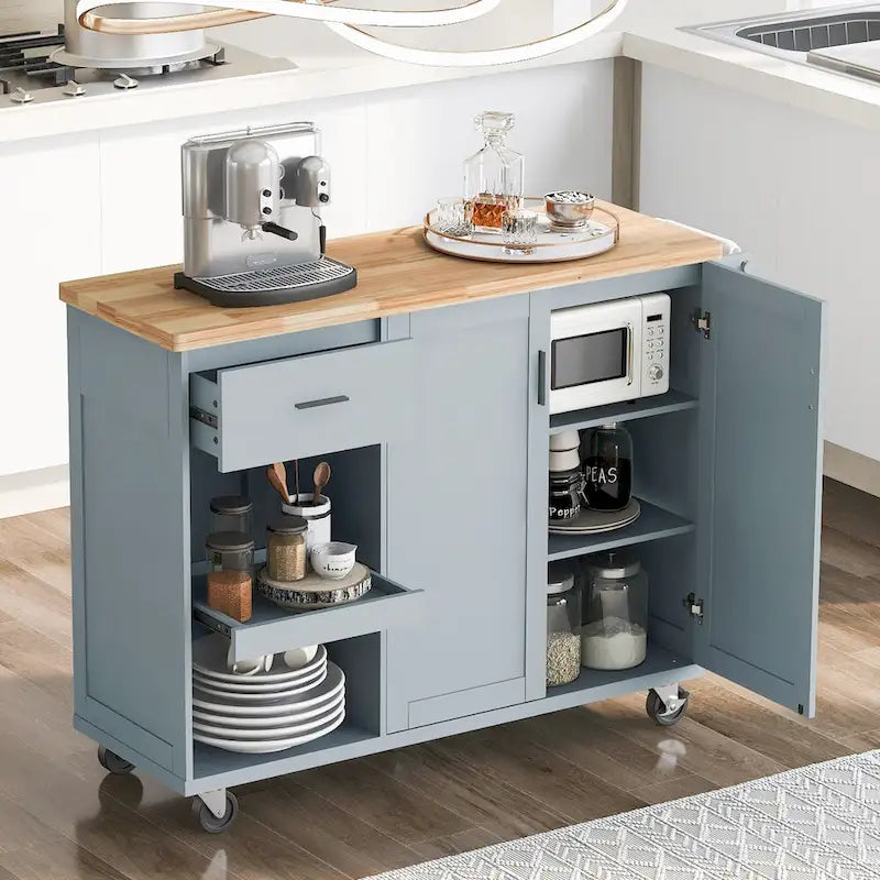 Îlot de cuisine pliable avec rangement et roulettes