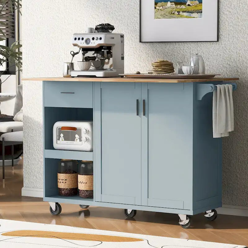 Îlot de cuisine pliable avec rangement et roulettes