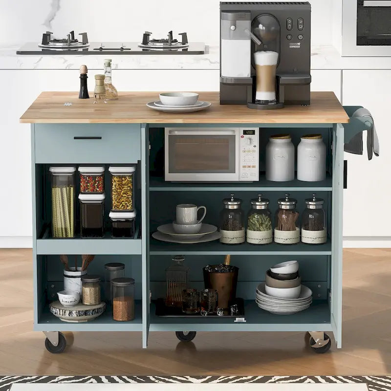 Îlot de cuisine pliable avec rangement et roulettes