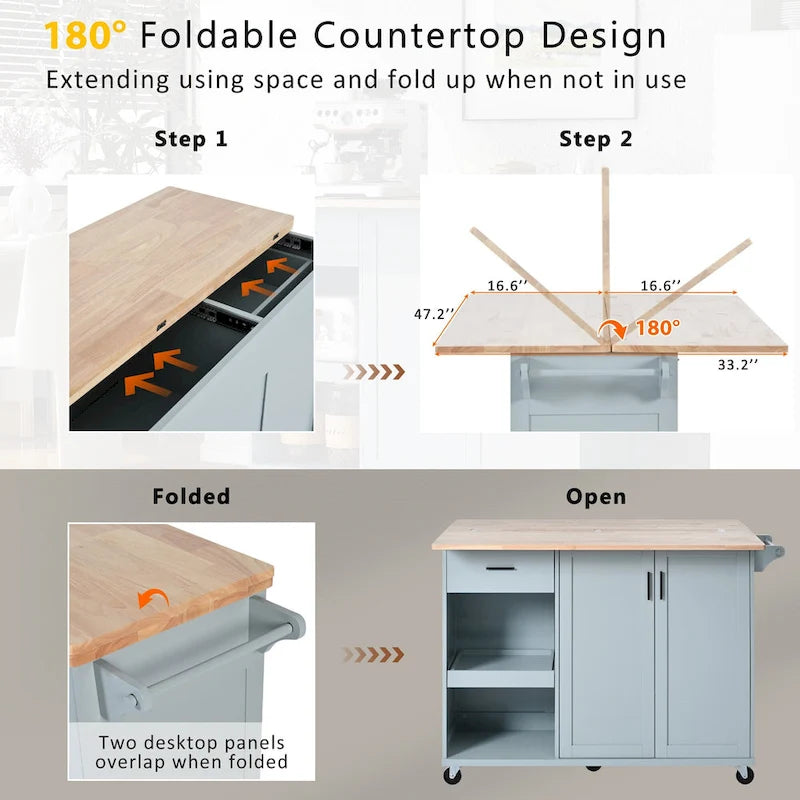 Îlot de cuisine pliable avec rangement et roulettes