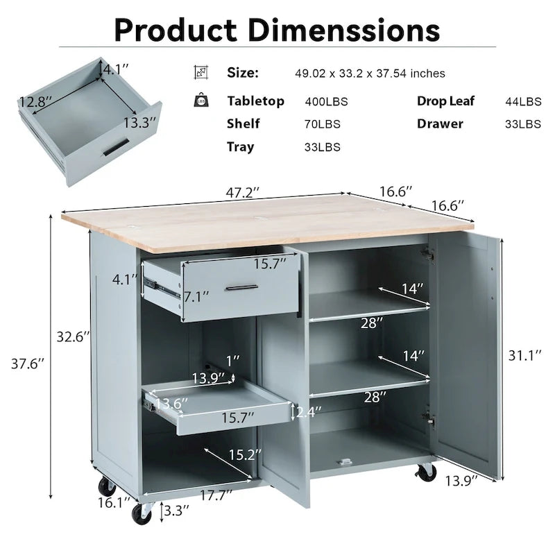 Îlot de cuisine pliable avec rangement et roulettes