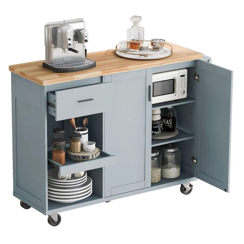 Îlot de cuisine pliable avec rangement et roulettes