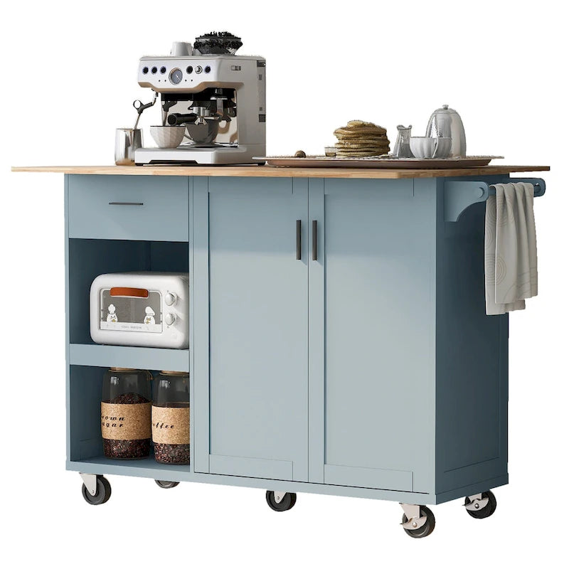 Îlot de cuisine pliable avec rangement et roulettes