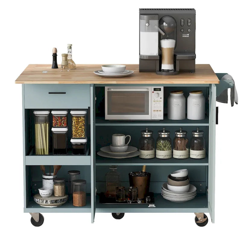 Îlot de cuisine pliable avec rangement et roulettes