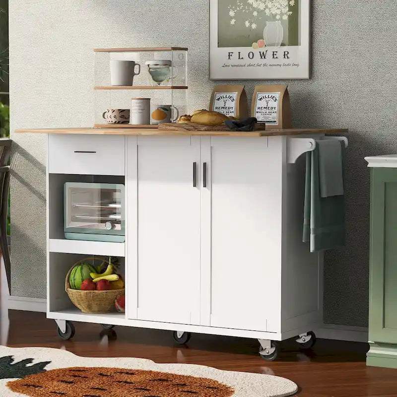 Îlot de cuisine pliable avec rangement et roulettes