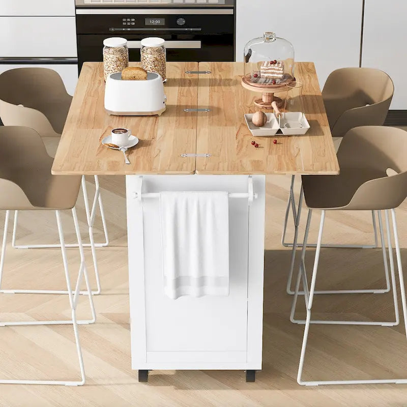 Îlot de cuisine pliable avec rangement et roulettes
