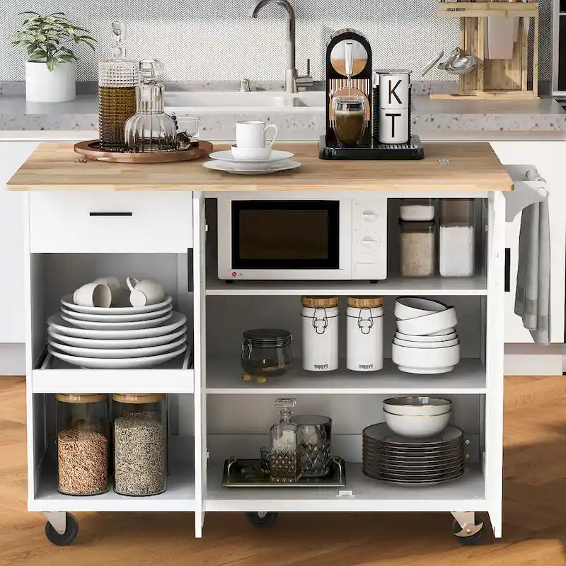 Îlot de cuisine pliable avec rangement et roulettes