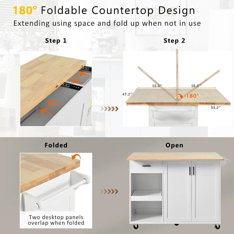 Îlot de cuisine pliable avec rangement et roulettes