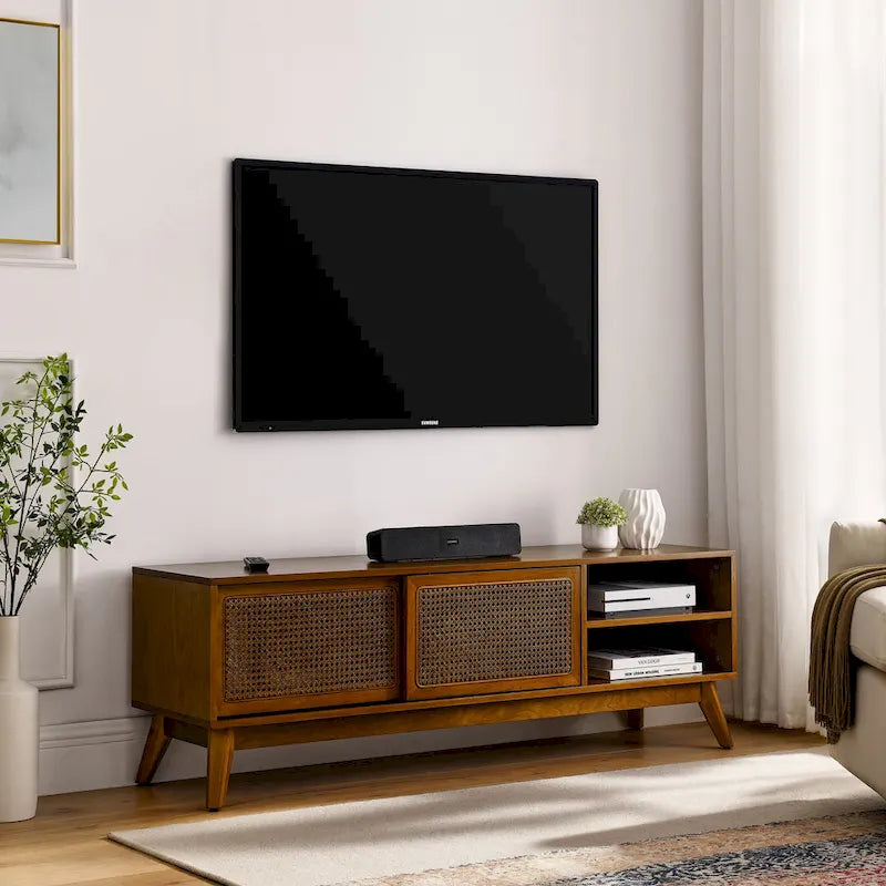 Meuble TV en rotin avec portes coulissantes et étagères ouvertes