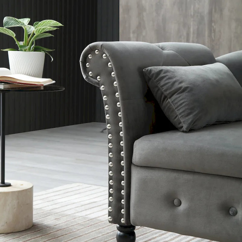 Banc de méridienne en velours gris avec rangement