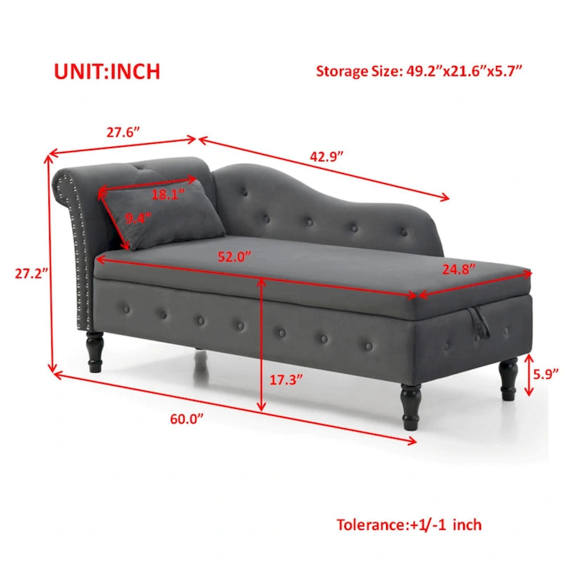 Banc de méridienne en velours gris avec rangement