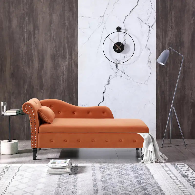 Orange Modern 60 Velvet Upholstered Buttons Tufted Chaise Lounge Chair with Solid Wood Legs and Storage
