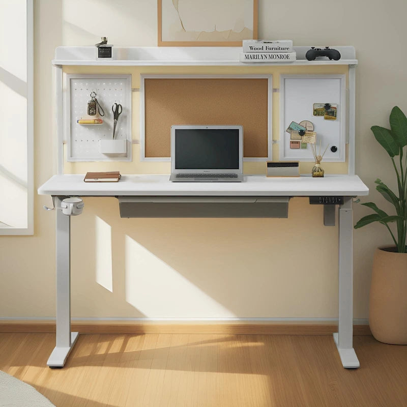 Bureau debout électrique blanc de 55" avec tiroir et panneau arrière
