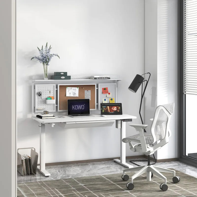Bureau debout électrique blanc de 55" avec tiroir et panneau arrière