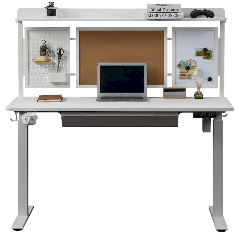 Bureau debout électrique blanc de 55" avec tiroir et panneau arrière