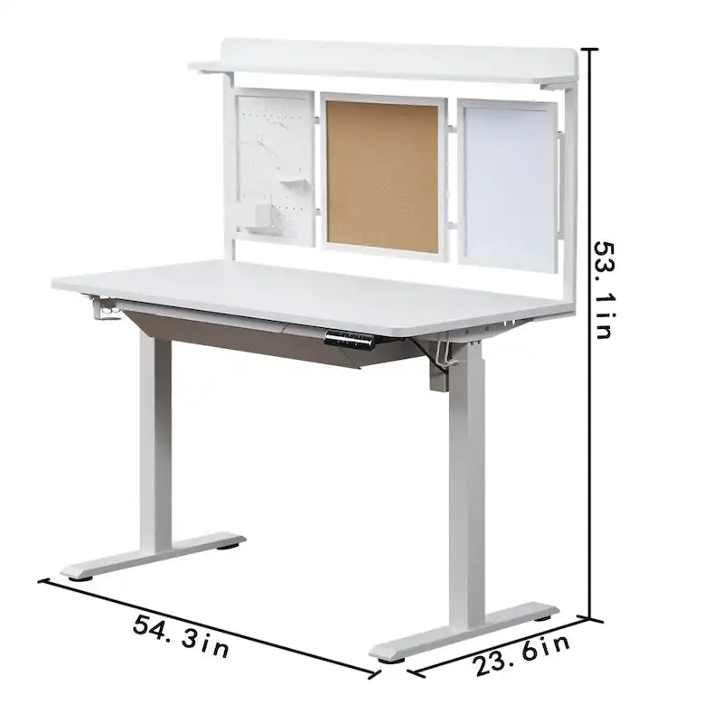 Bureau debout électrique blanc de 55" avec tiroir et panneau arrière