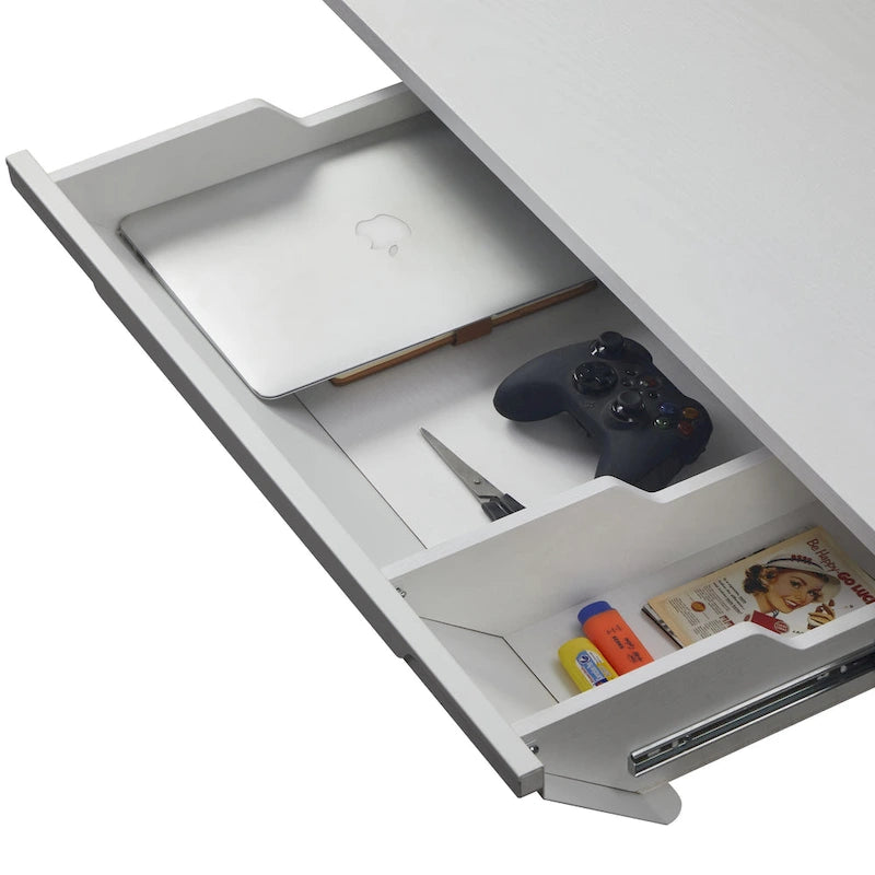 Bureau debout électrique blanc de 55" avec tiroir et panneau arrière