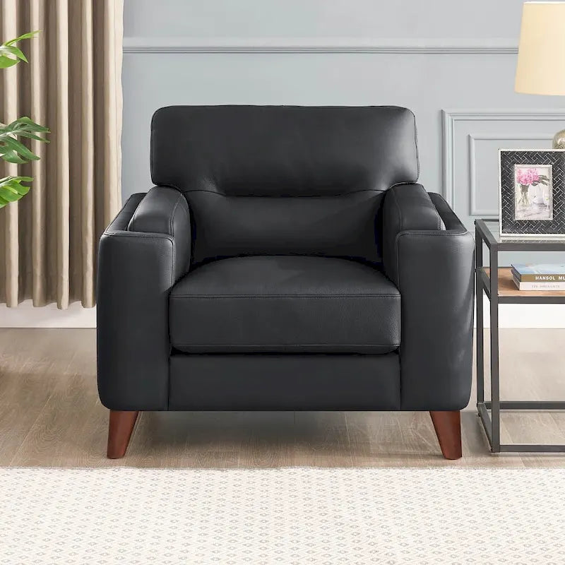 Fauteuil en cuir pleine fleur Hydeline Elm avec plumes, mousse à mémoire de forme et ressorts
