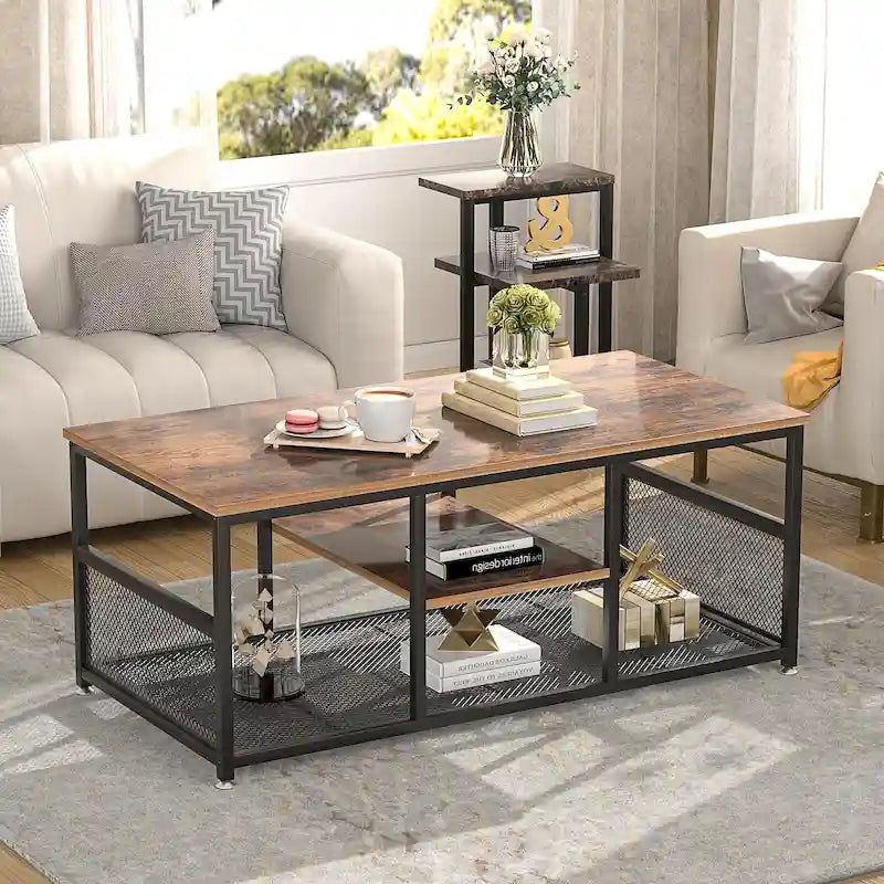 Table basse à 3 niveaux avec structure en métal et étagères en MDF