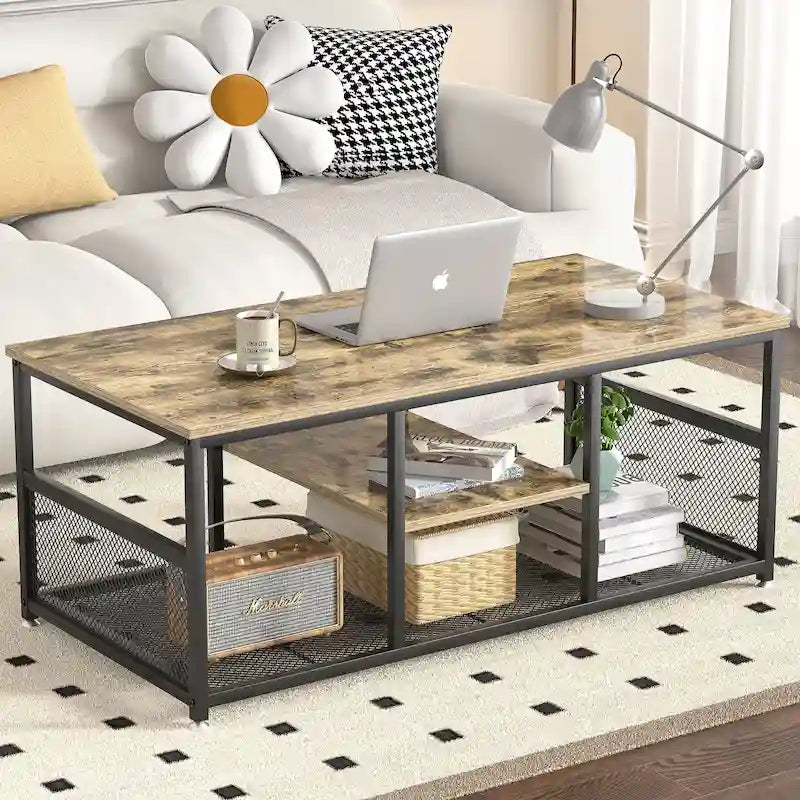 Table basse à 3 niveaux avec structure en métal et étagères en MDF