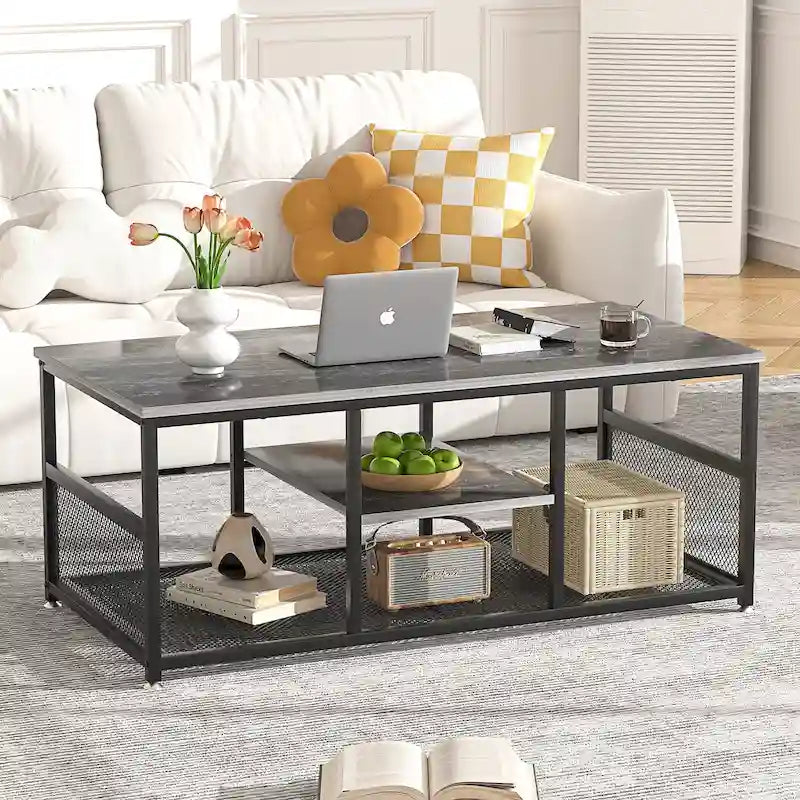 Table basse à 3 niveaux avec structure en métal et étagères en MDF