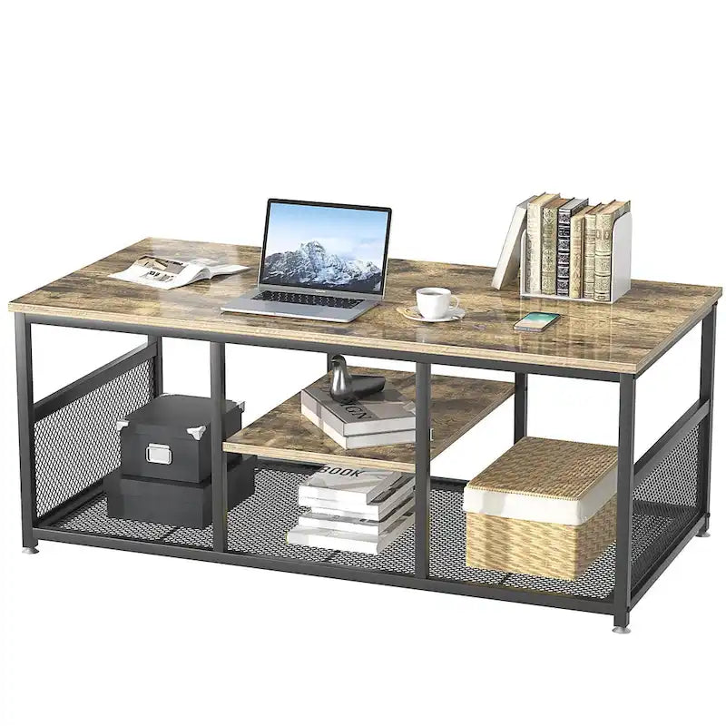 Table basse à 3 niveaux avec structure en métal et étagères en MDF