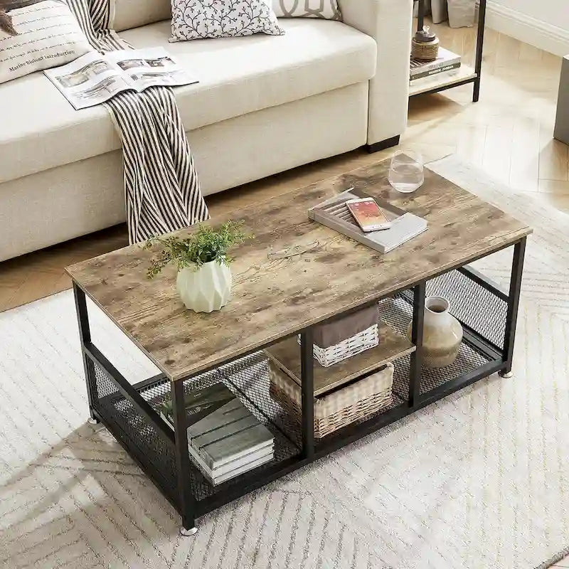 Table basse à 3 niveaux avec structure en métal et étagères en MDF