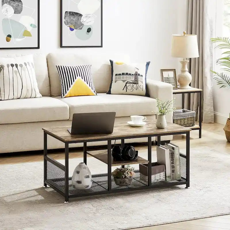 Table basse à 3 niveaux avec structure en métal et étagères en MDF