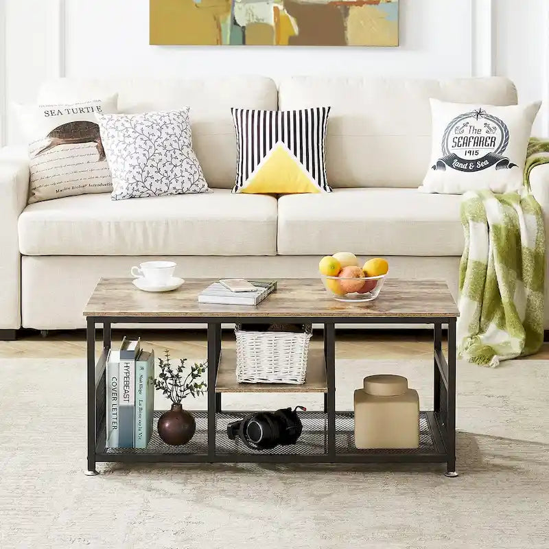 Table basse à 3 niveaux avec structure en métal et étagères en MDF