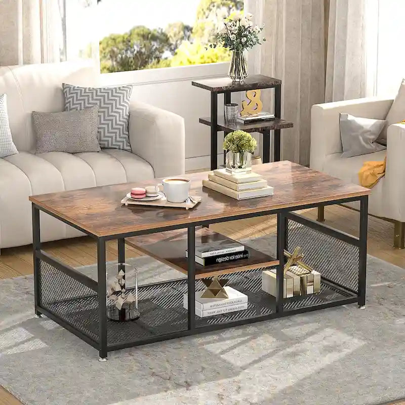 Table basse à 3 niveaux avec structure en métal et étagères en MDF