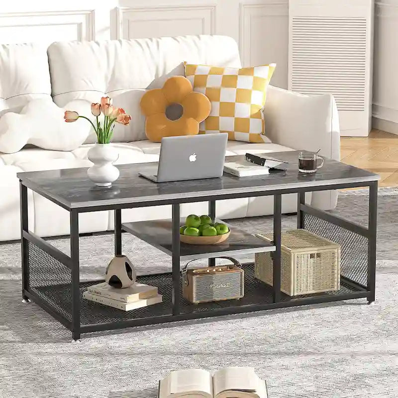 Table basse à 3 niveaux avec structure en métal et étagères en MDF